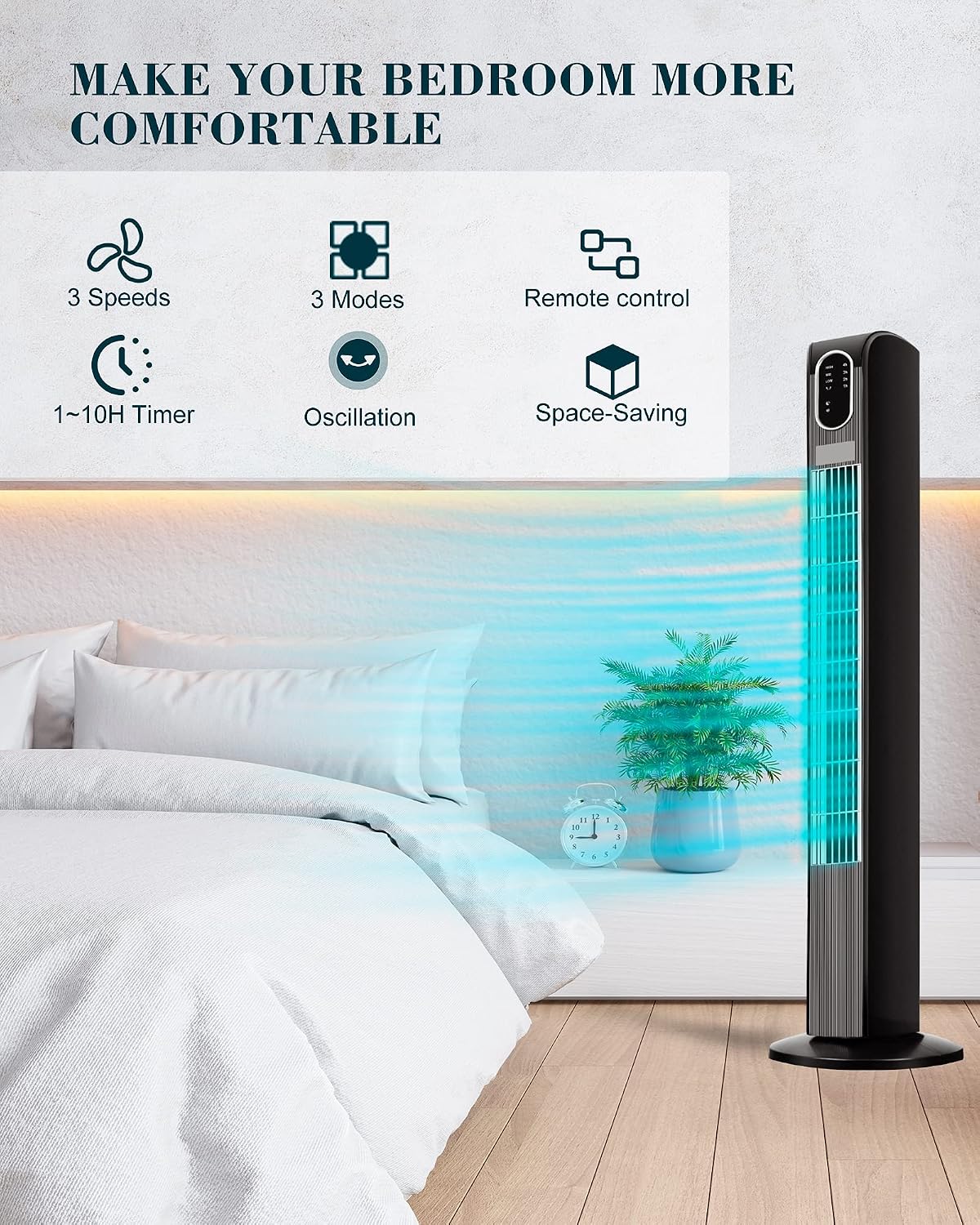 Uthfy Electric Standing Tower Fan,34'' Oscillating Tower Fan with Remote, Floor Fan for Bedroom Office and Home,Quiet Cooling Fan,Portable Bladeless Tower Fan with LED Display,Black