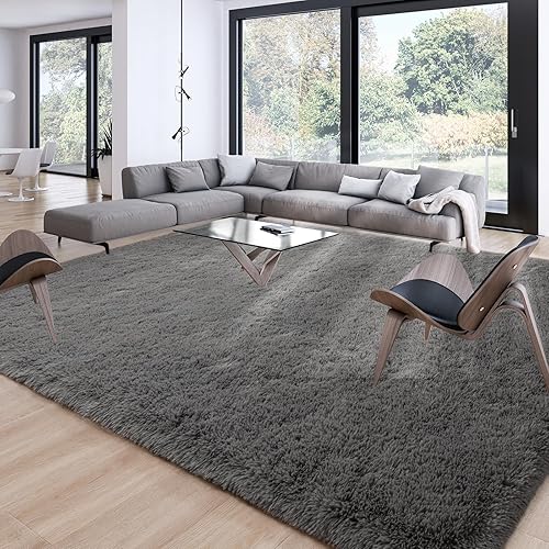 Merelax Area Rugs 9x12 Living Room, Large Grey Bedroom Carpet, Big Shag Indoor Thick Soft Nursery Rug, Deep Gray Fluffy Carpets for Boy and Girls Room Dorm Home Decor Aesthetic