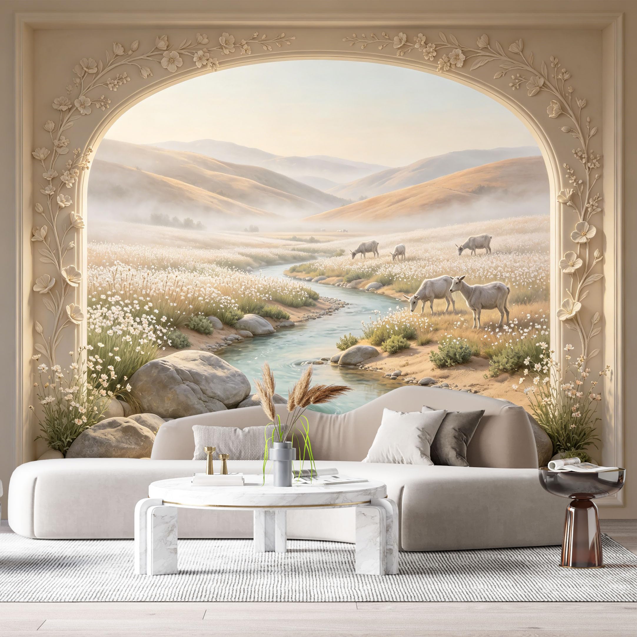 Custom Size Wall Murals Pastoral Valley River Sheep Landscape 3D Trompe L'Oeil SelfAdhesiveWall Fabric Removable Wallpaper Wall Decor for Living Room Bedroom Bathroom