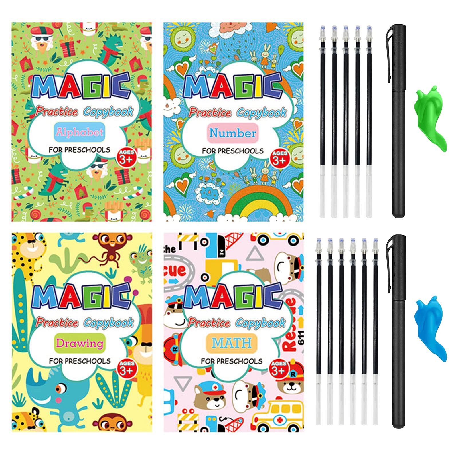 Creative Large Magic Practice Copybooks for Kids, 4 Pcs Reusable Magic Ink Handwriting Workbooks Preschoolers, Print Book Combination Set with Alphabet, Drawing, Math, Numbers
