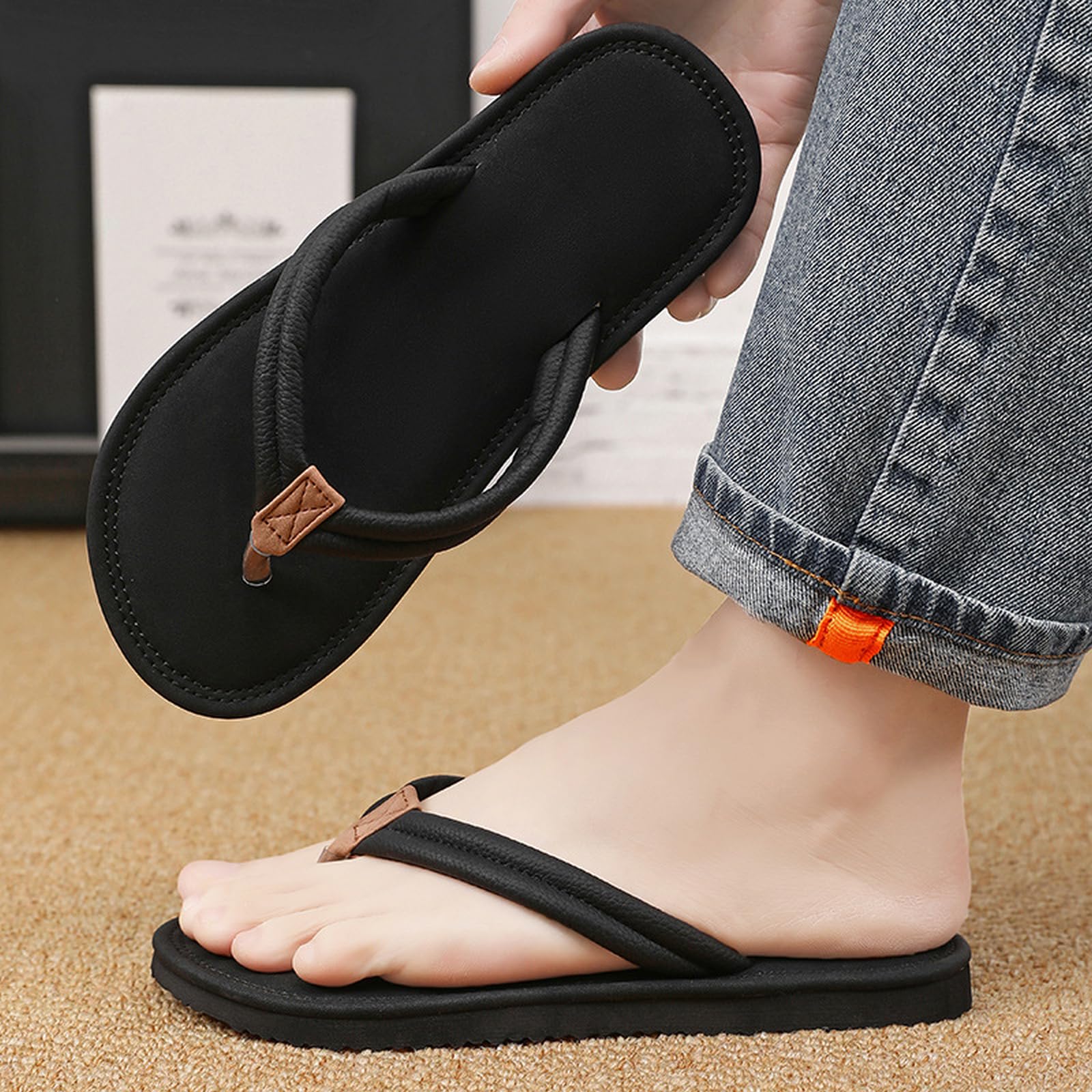 Chanclas Mujer Hombre Verano Calzado Elegante del Resbalón Ligero De Las Sandalias Planas Casuales Correa No para Los Caballeros-negro-36