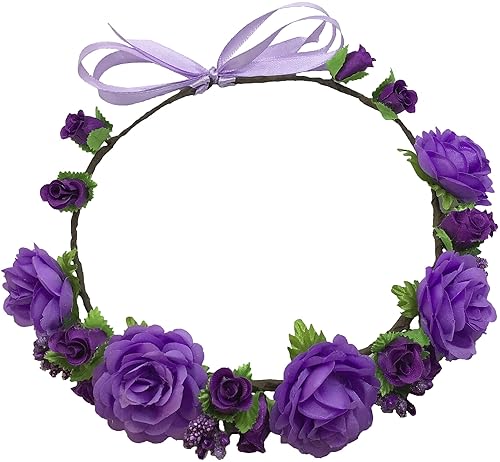 Corona de flores para niñas, tocado floral rosas artificiales moradas para boda Corona bohemia para niños pequeños