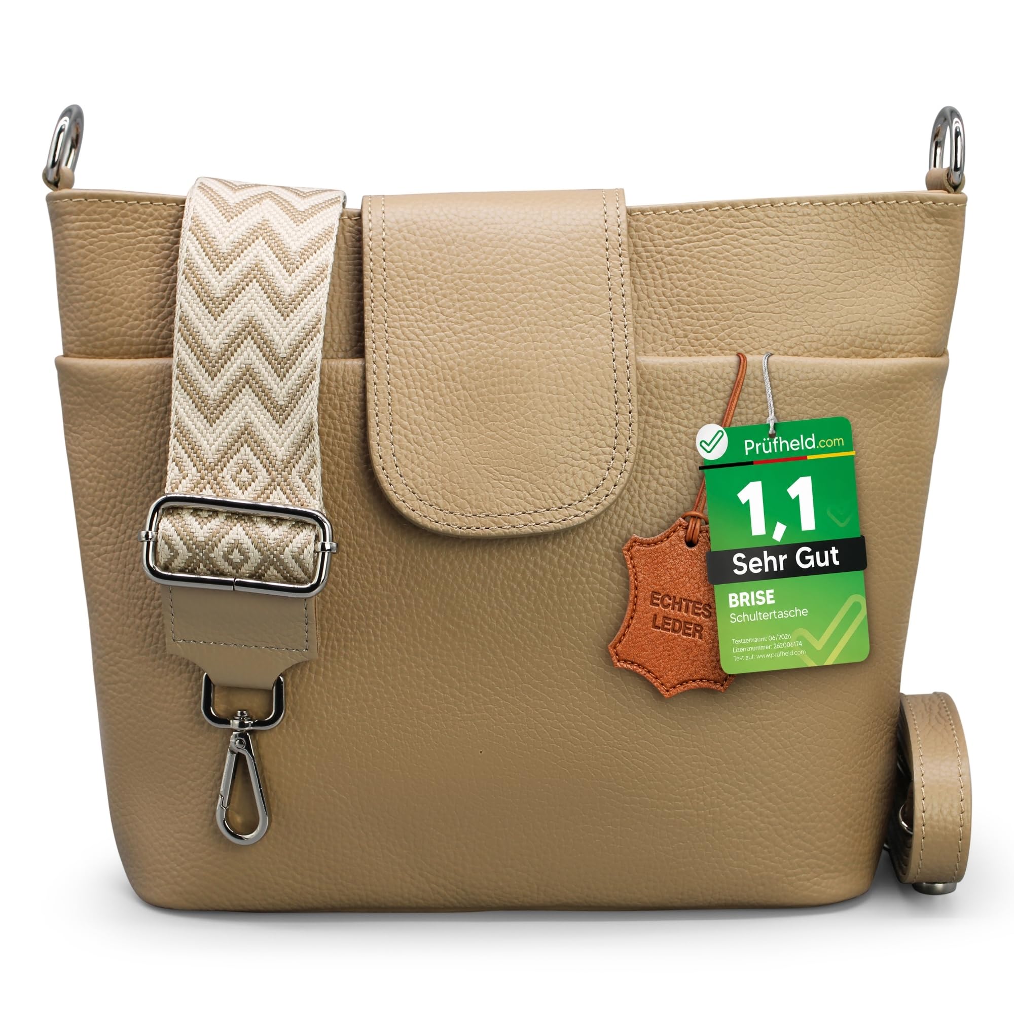 Brise Art ELLIE Damen Umhängetasche Echtleder Handgefertigt Crossbody Bag | [Test SEHR GUT, Note 1.1], Echtes Leder, Schultertasche mit Ledergurt & wahlweise gemustertem Riemen, 6 Fächer, Made in Italy