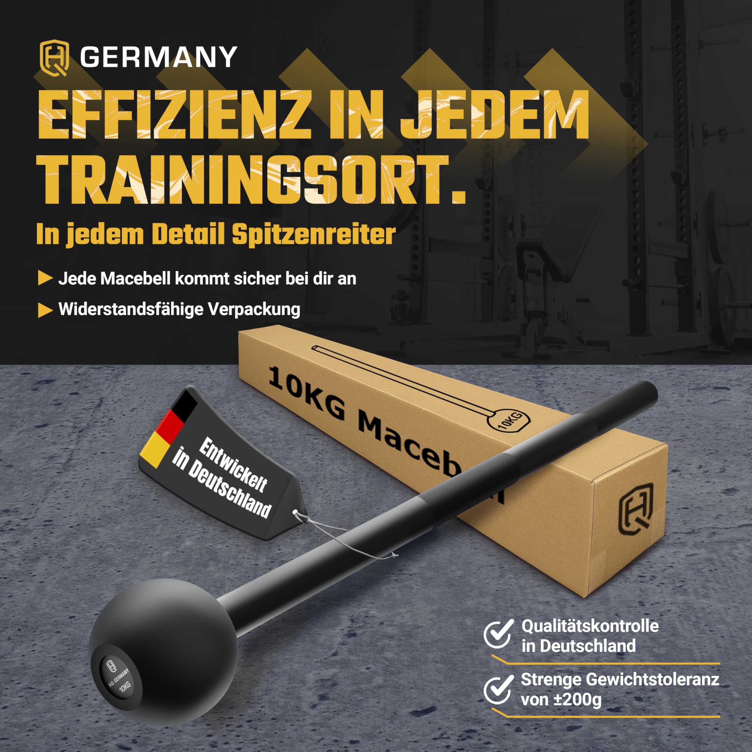 HQ Germany® Macebell 2-10kg [100% Stahl] - Steel Mace, Gada, Clubbell | Massiv verschweißt aus einem Stück, ±200g kalibriert, langlebige Pulverbeschichtung, genormte Maße, griffiges Knurling