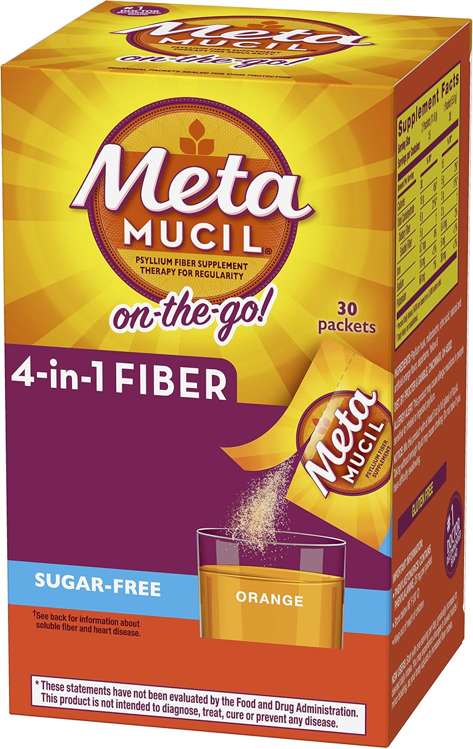 Metamucil On-the-Go, Psyllium Husk Fiber Supplement, 4-in-1 Fiber for Digestive Health, Sugar Free, Orange Flavored, 30 packets (Pack of 2) : Health & Household