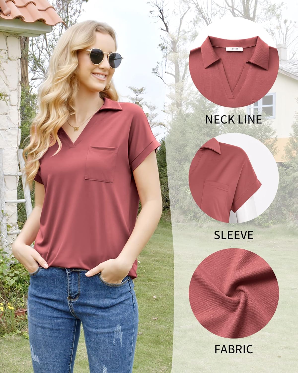 Vivilli Women's Tops and Blouses Short Sleeve Business Casual Collared Tunic Shirt - Image 6