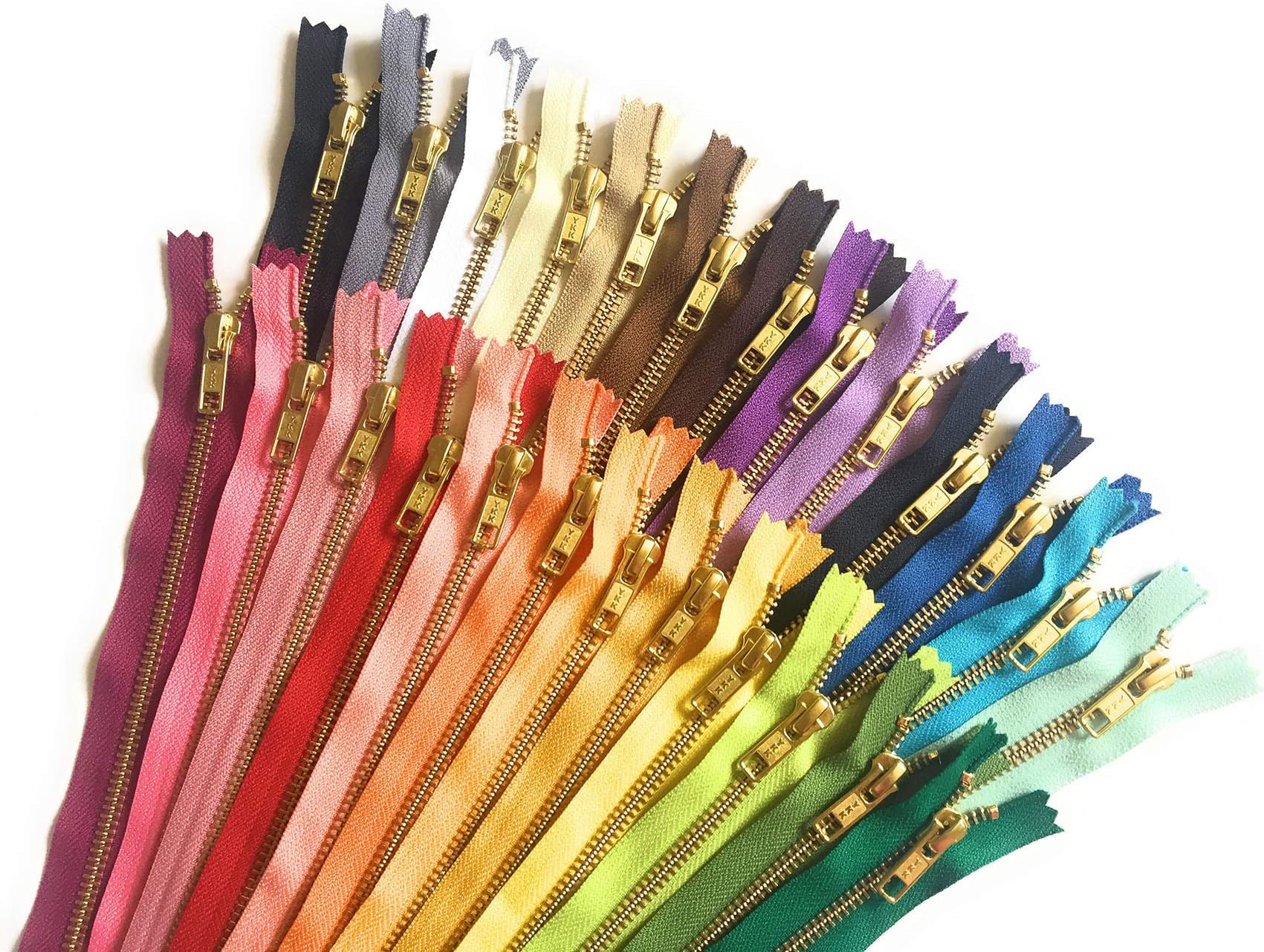 Gold Metal Zippers in 25 Mixed Colors YKK No. 5 Zippers for Bags Sewing Crafts