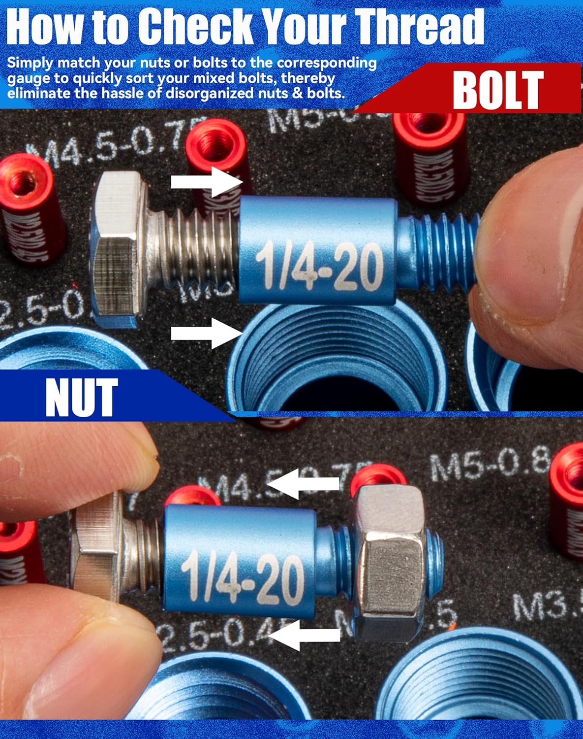 66 Nut and Bolt Thread Checker with Storage Box, Thread Checker Measuring Tool(34 Metric & 32 Standard), Bolt Size and Thread Gauge Finder Suitable for inspecting in Narrow and Tricky Areas