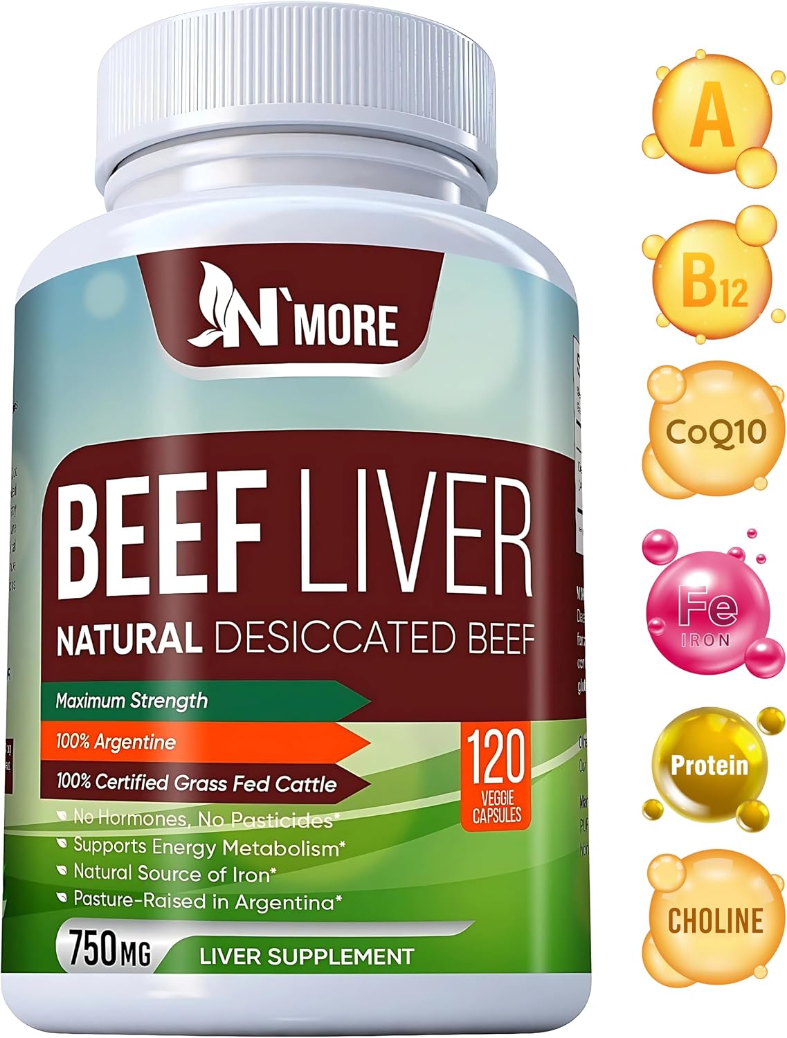 N'More Beef Liver Capsules – 100% Grass Fed & Undefatted Argentine Liver – Natural Iron, B12 & CoQ10 for Energy, Brain & Immune Support – 120 Capsules, 750mg