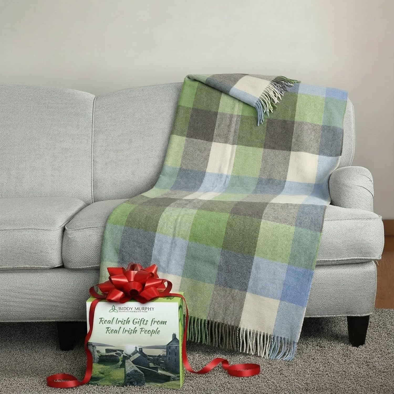 Biddy Murphy 100% Irish Wool Plaid Throw Blanket — Soft Warm Heirloom Quality, Made in Ireland, 54" x 71", Cream Baby Blue and Green Block Check