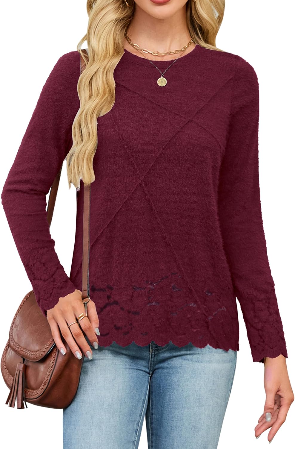 Blooming Jelly Womens Pleated Long Sleeve Shirts Lace Casual Tops Eyelet Crew Neck Tshirts Fall Fashion 2026