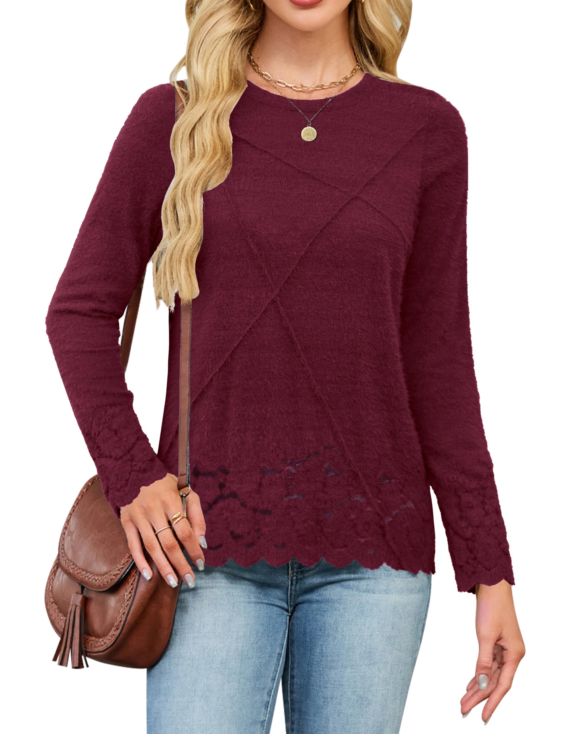 Blooming Jelly Womens Pleated Long Sleeve Shirts Lace Casual Tops Eyelet Crew Neck Tshirts Fall Fashion 2026
