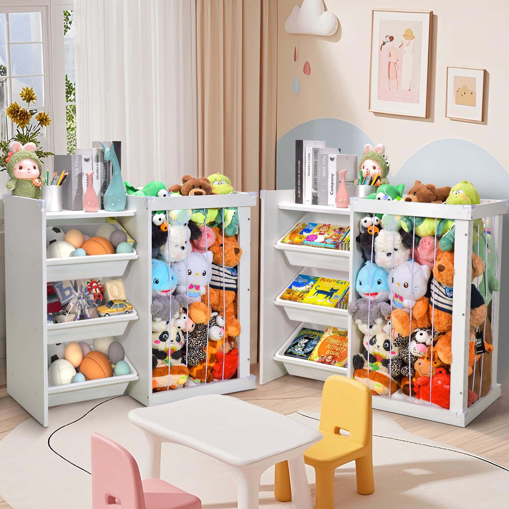 Kids Bookshelf and Toy Storage, 3 Tier Wooden Toy and Book Storage for Kids, Toy Organizers and Storage with Stuffed Animal Storage, Kids Toy Storage Organizer Book Rack for Kids Bedroom, Playroom