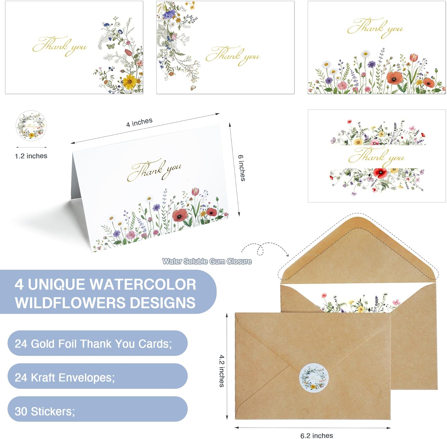 24 Pack Wildflower Thank You Cards With Envelopes Set (4"x6") - Elegant Gold Foil Thank You Notes With Adhesive Envelopes & Matching Stickers for Wedding, Bridal Showers, Baby Showers, Birthday, All Occasion - Image 2