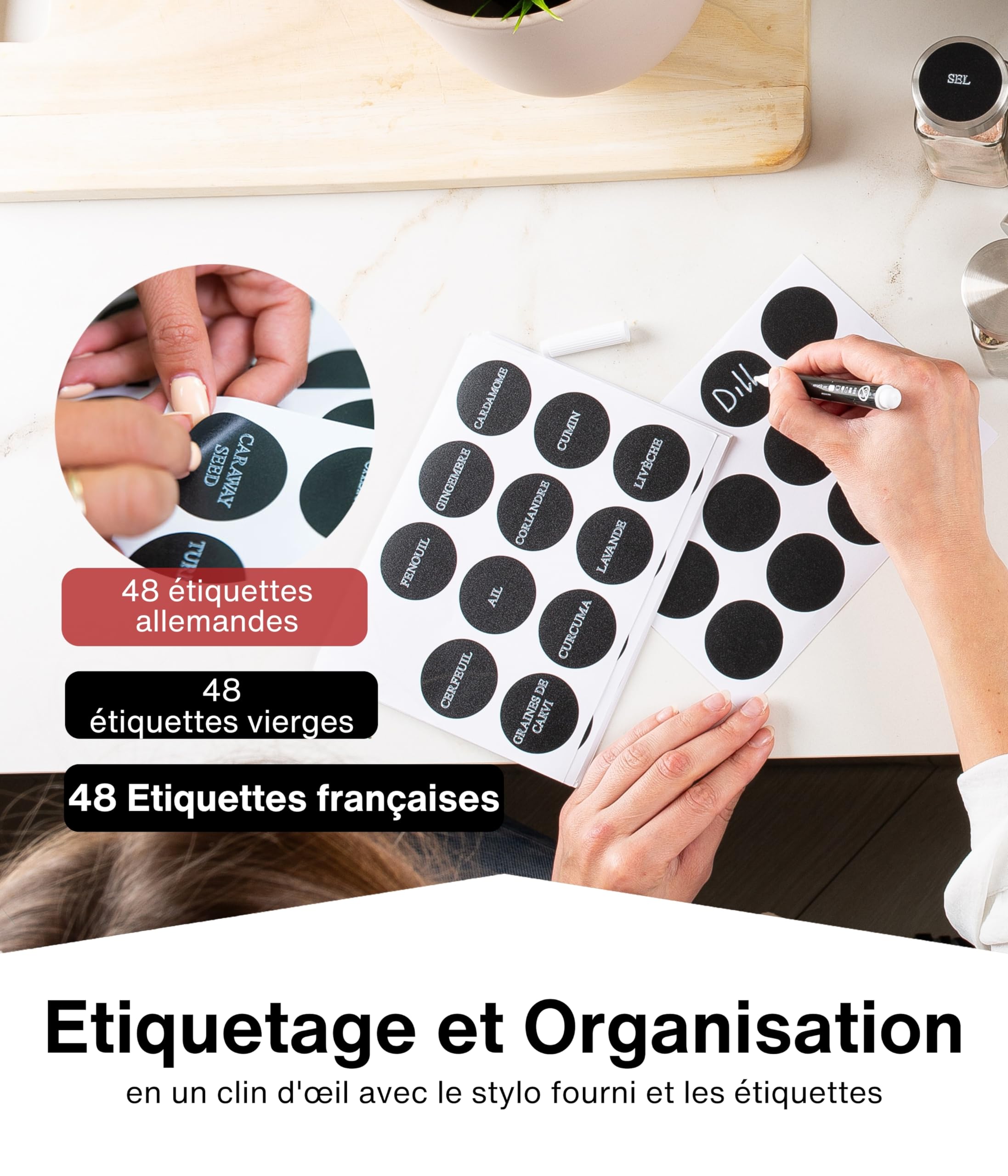 Deco haus® Étagère à Épices & Bocaux - Rangement et Organisation de Cuisine & Maison - Métal, 3 Niveaux - 24 Pots 48 Étiquettes 1 Brosse 1 Entonnoir & Crochets - Autoportante/Murale - Noire