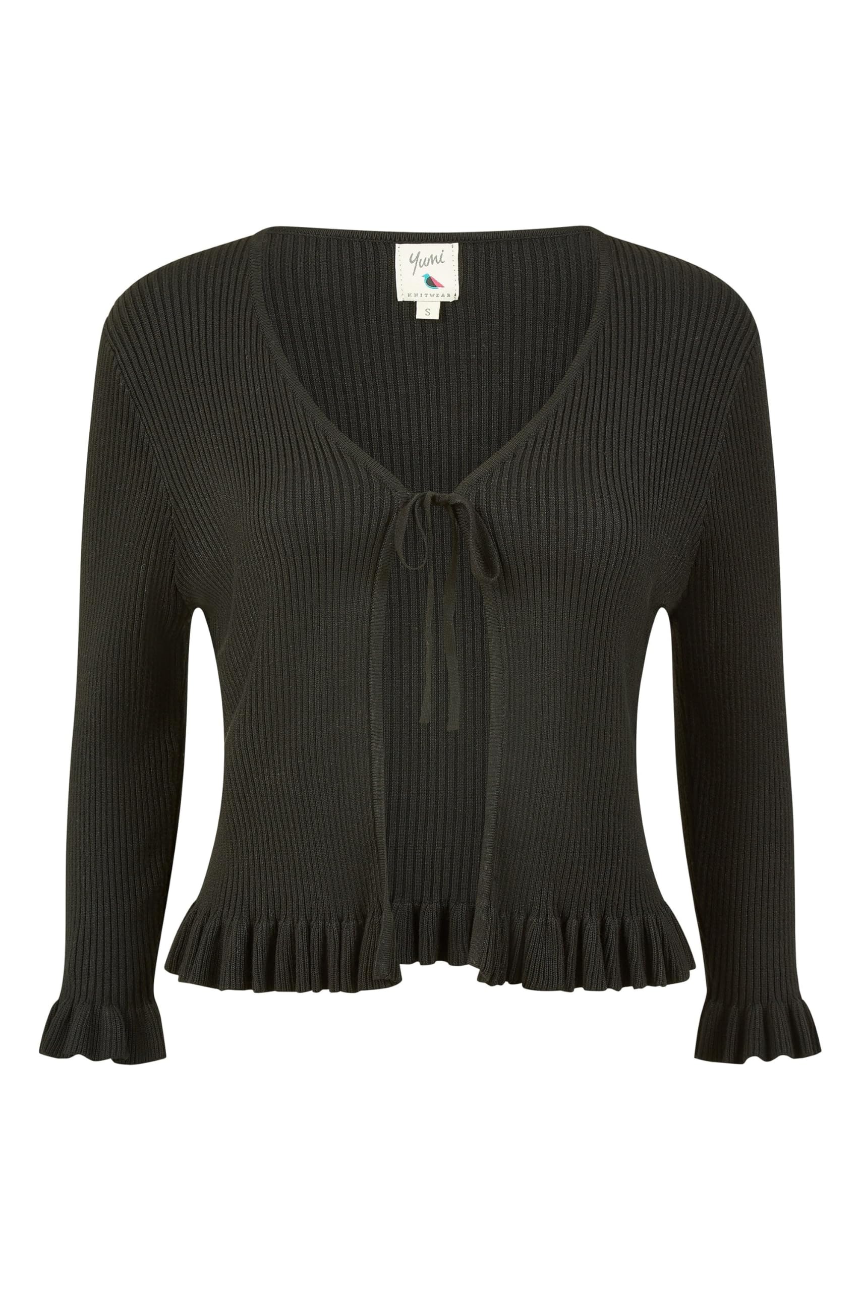 Yumi Women's Black Tie Up Ribbed Cardigan Sweater With Frill Hem | : Medium