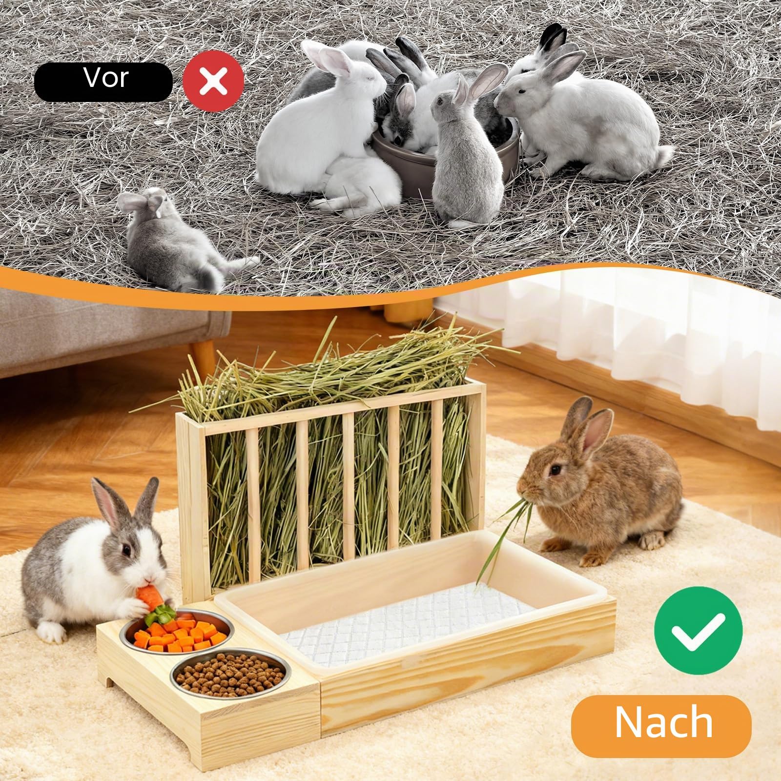 Heuraufe Kaninchen, Holz Futterspender Heu Kaninchen mit Katzentoilette Und Näpfen 3 in 1 Heuraufe Meerschweinchen Futter Spender Für Heu Für Chinchilla Hamster Nager