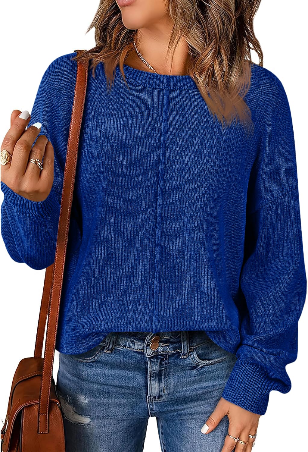 Fisoew Damen Pullover Langarm Rundhals Strickpullover Herbst Winter Basic Pulli Einfarbig Oberteile