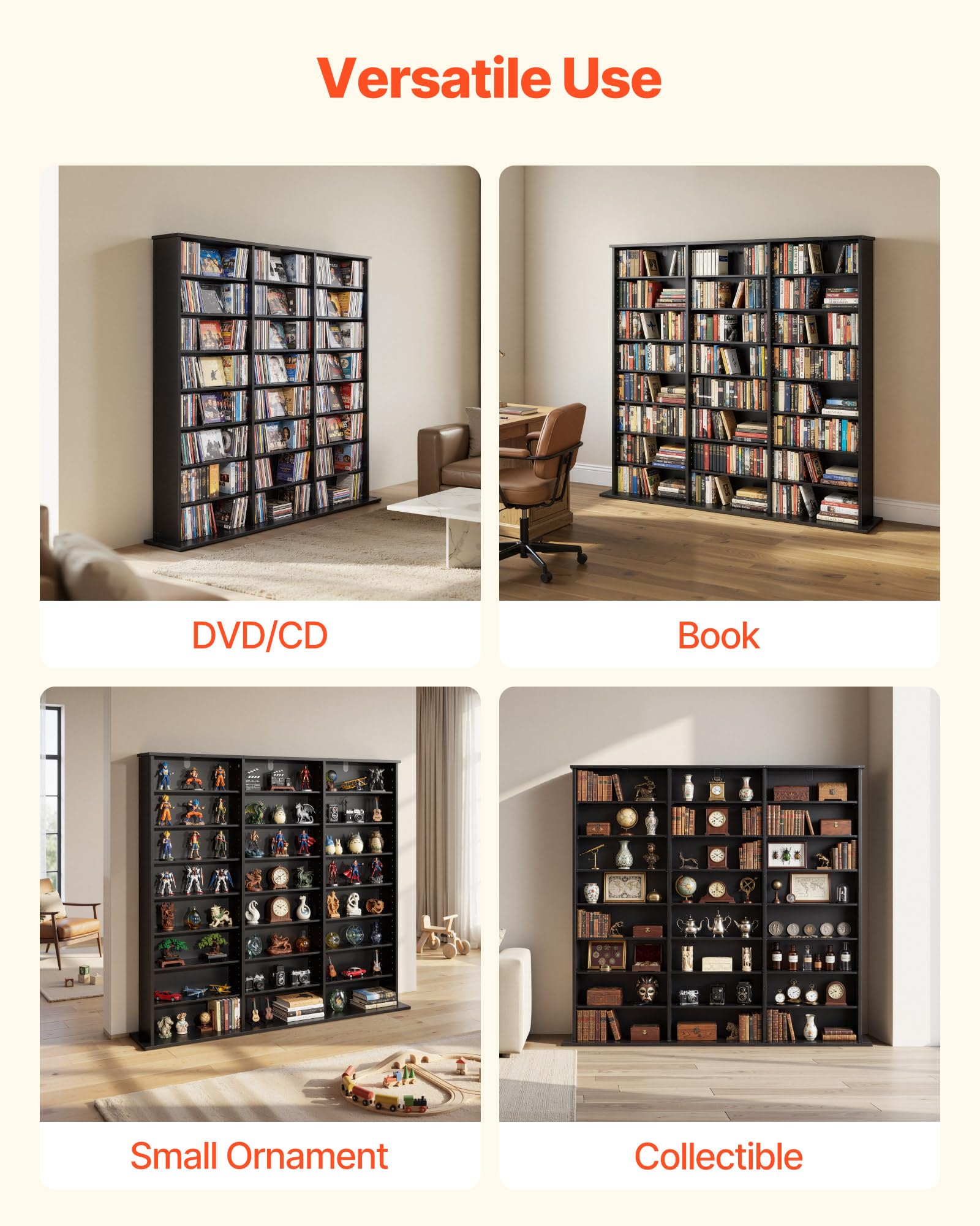 VEVOR DVD-Regal mit 24 Fächern (8 Ebenen), Medienregal Standregal 142 x 22 x 130 cm, Platzsparendes Aufbewahrungsregal für CDs DVDs Bücher Spiele-Discs, Bücherregal für Wohnzimmer/Homeoffice, Schwarz