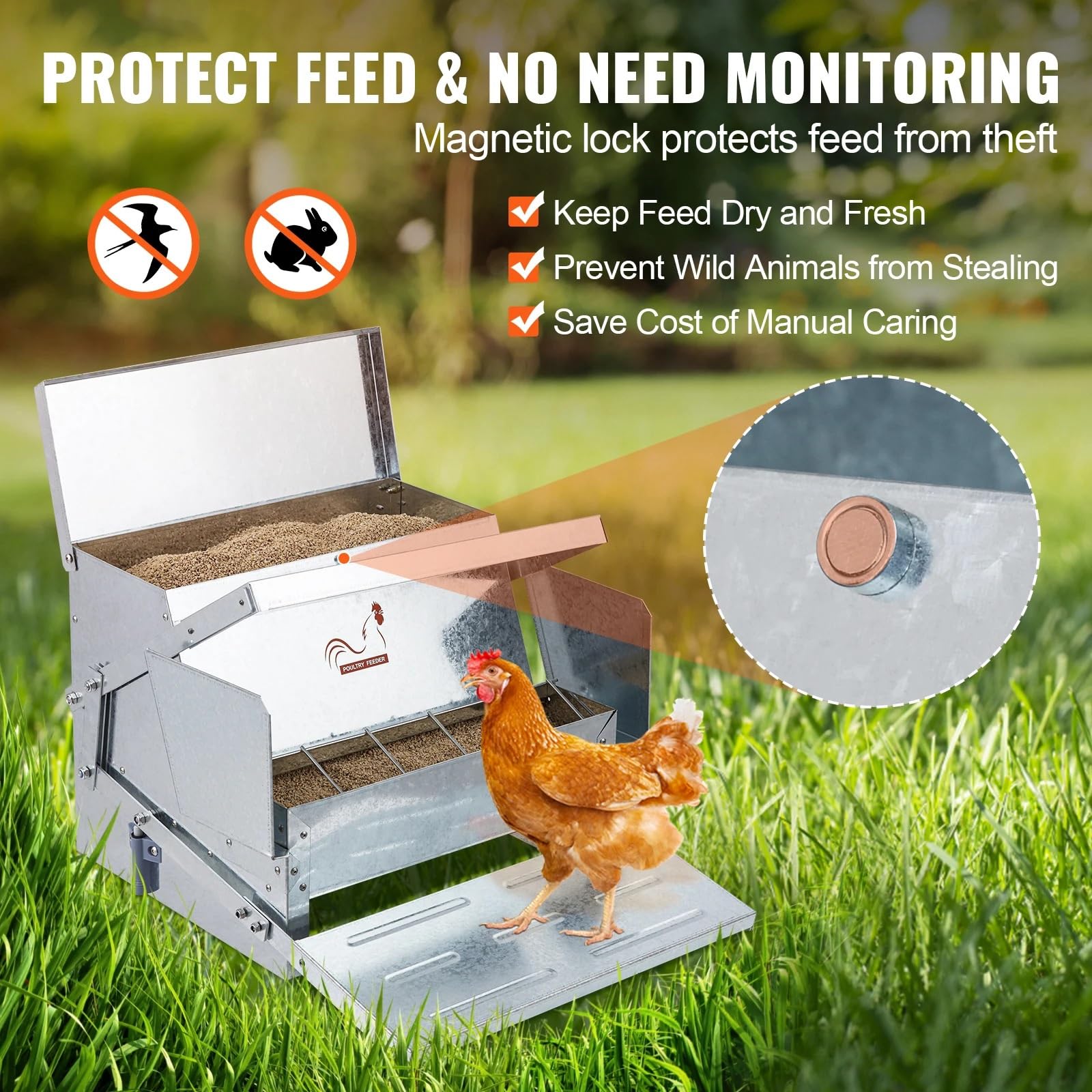 Comedero automático for pollos de 25 lb de capacidad. Alimenta a 10 pollos hasta 11 días. Comedero for aves de corral de acero galvanizado.