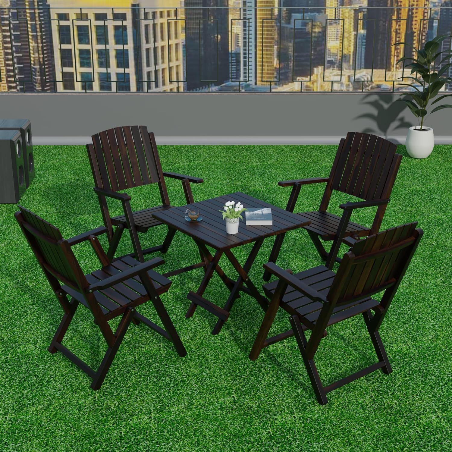 Fine Wood HUB Sheesham Wood Patio Table & Chair Set 4 Seater Foldable Chairs for Dining Room | Wooden Outdoor Dining and Table for Balcony Garden | Square Outdoor Dinner Table Set (Walnut Finish)-image-46