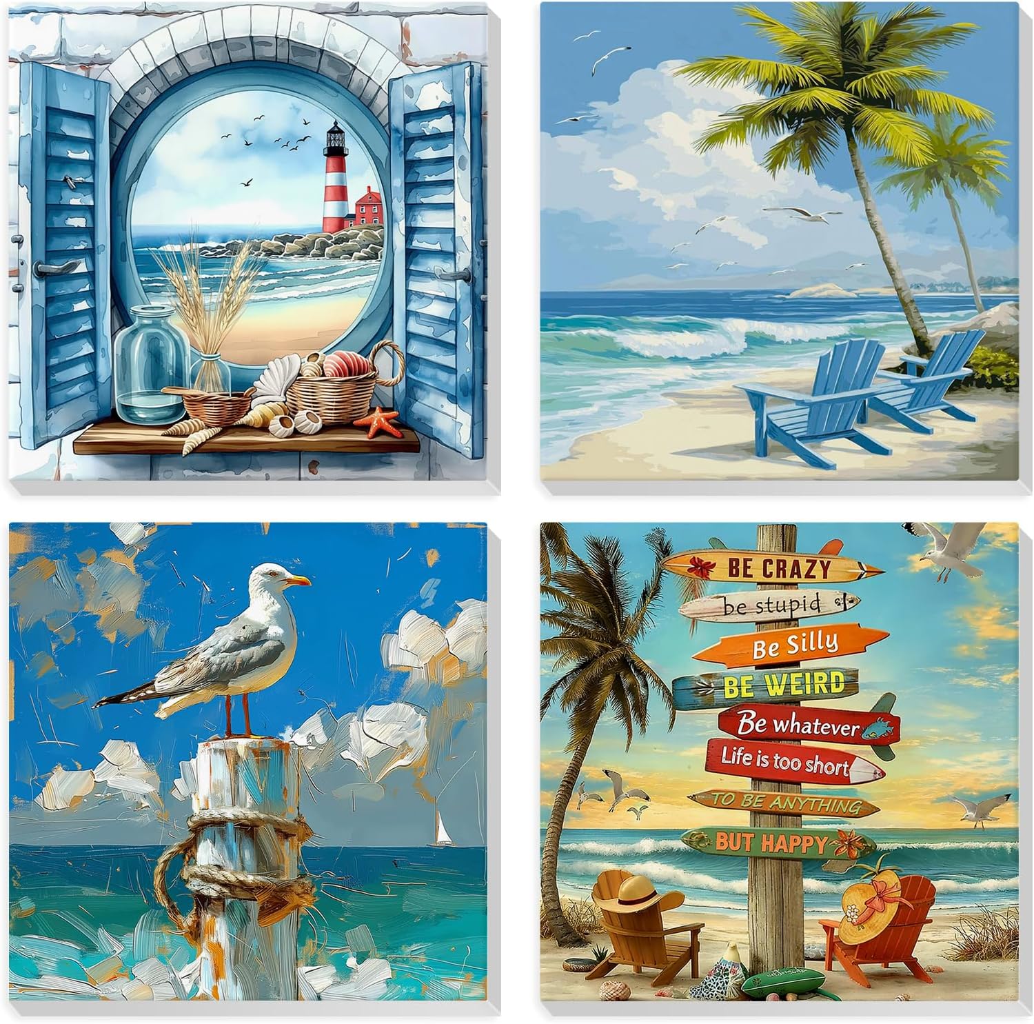 HEIBAGO 4 Pack Seascape Framed Paint by Numbers Kit for Adults Beginner, Adult Paint by Number Kits Beach, DIY Paint by Numbers for Adults,Small Easy Acrylic Oil Painting for Wall Decor 8 x 8 Inch