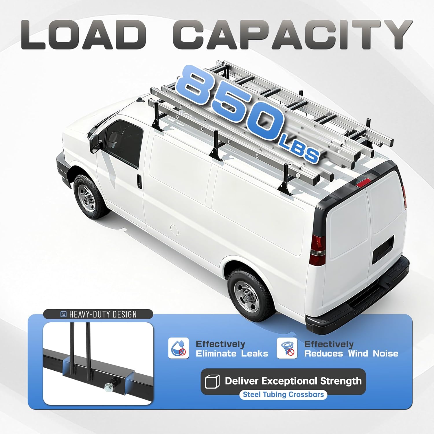ALMULOO 68"-75" Van Ladder Rack Full-Size 850LBS Capacity Compatible with Chevrolet Express 1500 2500 3500 Ford E150 250 350 GMC Savana 3 Bars Roof Rack Steel Cross Members (Black)