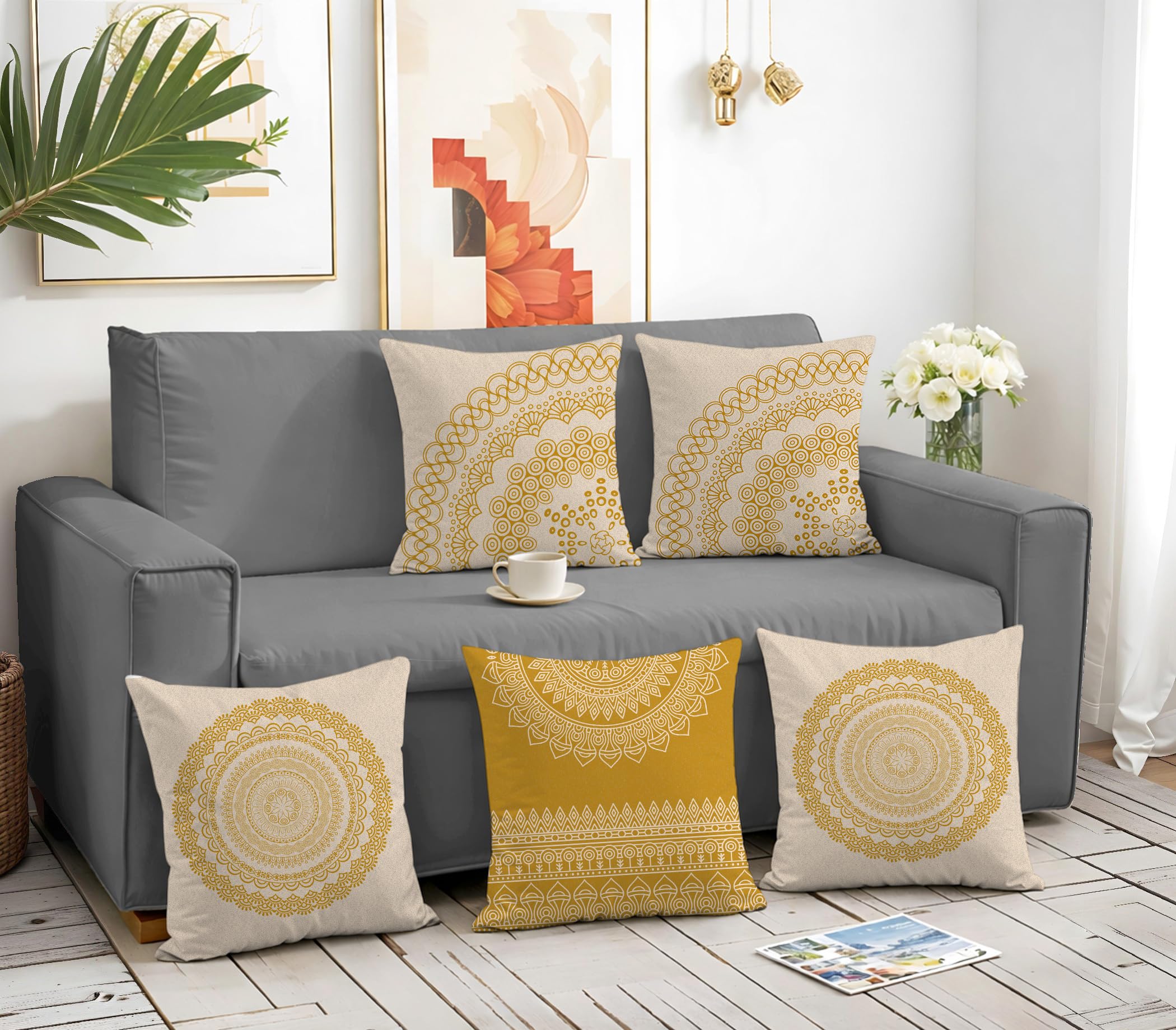 Mandala Pattern Decorative Throw Cushion Cover, 16 x 16 Inch, Set of 5, Beige and Mustard Pillow Covers, 40 x 40 cm-image-18