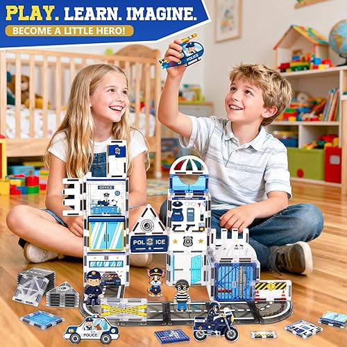 Miniatura 6 de Juego de 60 piezas de azulejos magnéticos de estación de policía con 6 figuras magnéticas, juguete para niños de 3-5, 4, 8, 12, juguetes magnéticos