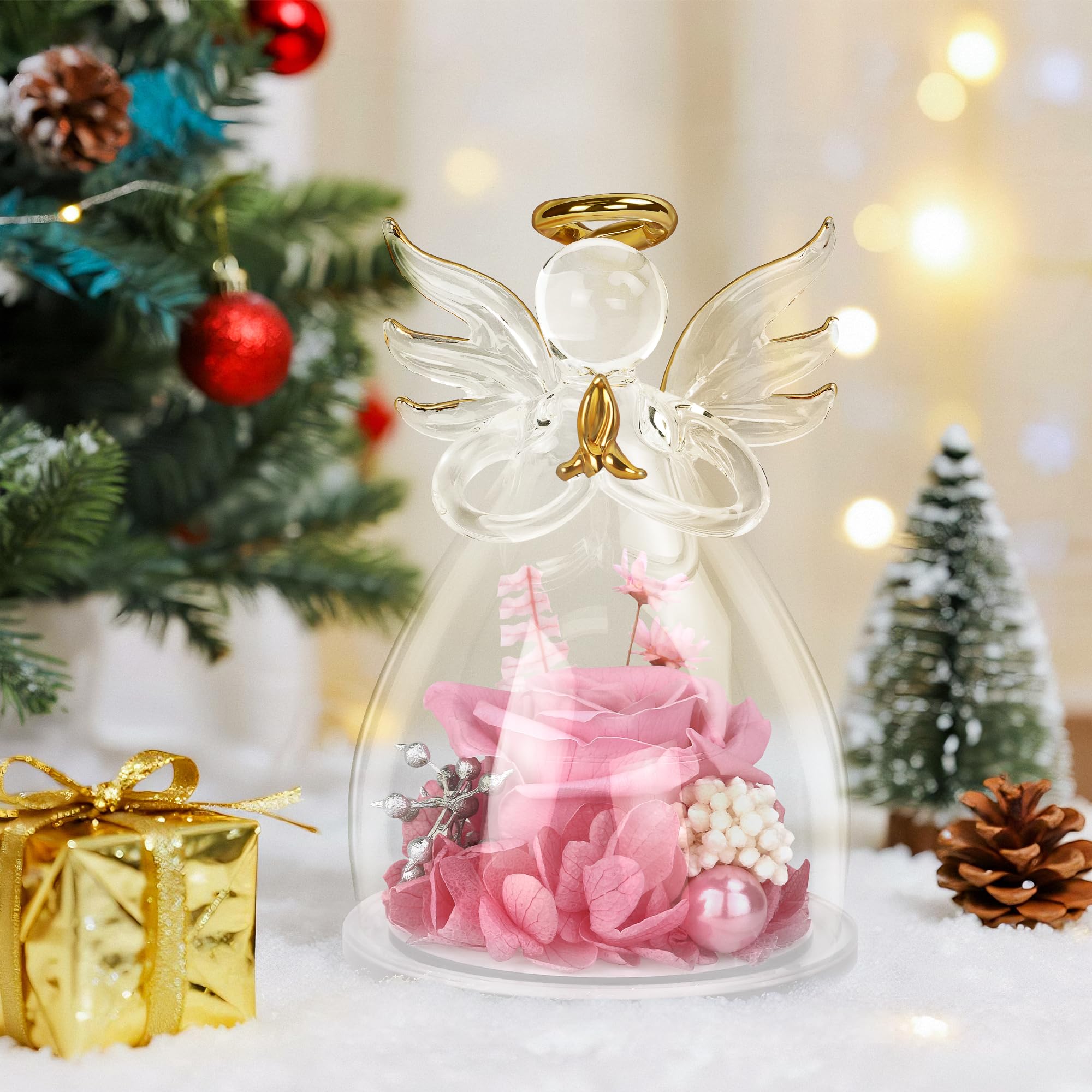 Rosa Eterna Con Ángel En Cúpula De Cristal - Regalo Para Madre, Novia O Amiga En Navidad O San Valentín