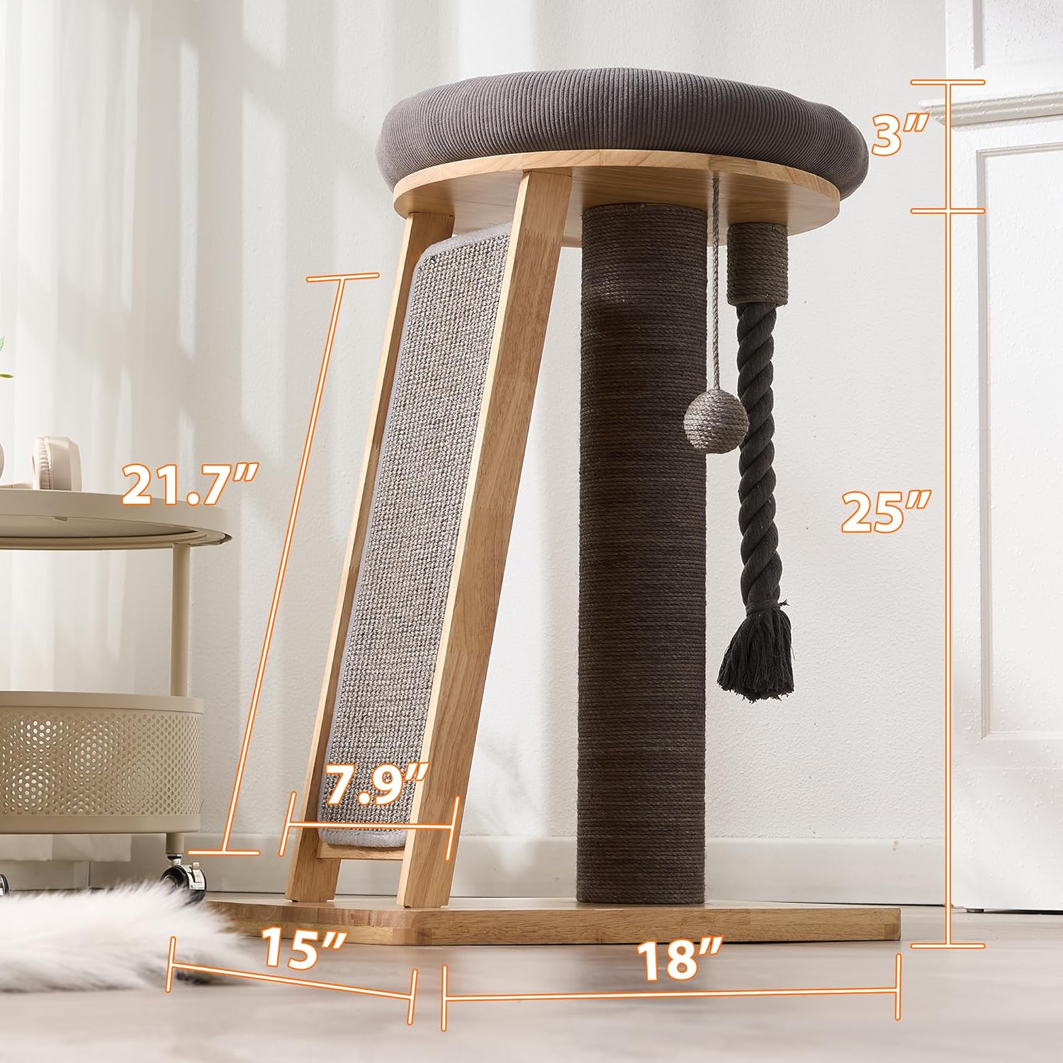 Modern Cat Tree Small Tower with Scratching Post for Indoor, Solid Wood Multifunctional Corner Cat Tree Tower with Bed, Dangling Ball,Interactive Rope, Scratching Board