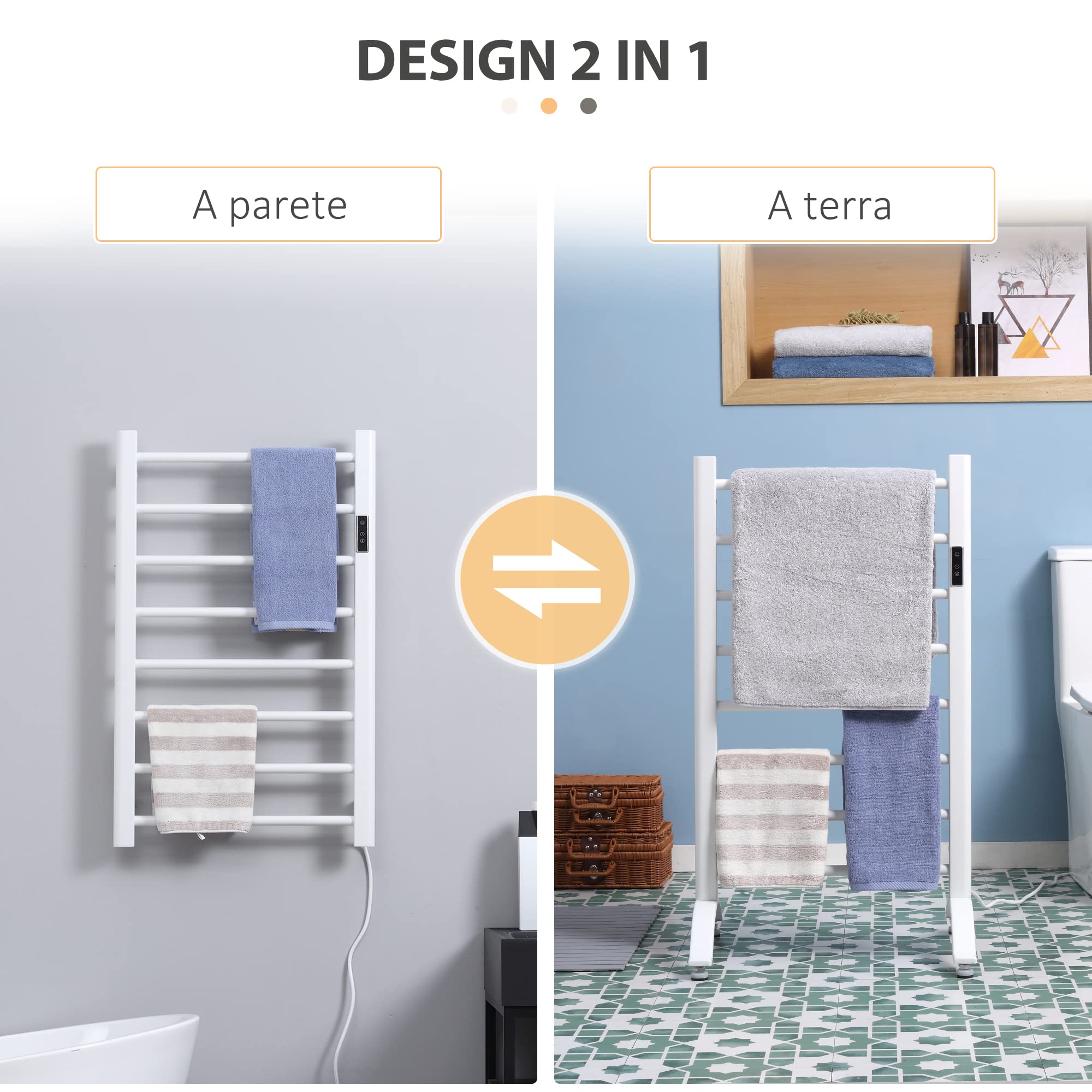 HOMCOM Scaldasalviette Elettrico a 8 Barre, Portasciugamani Riscaldato con Timer e Controllo Temperatura, in Acciaio al Carbonio, 50x45x90 cm, Bianco