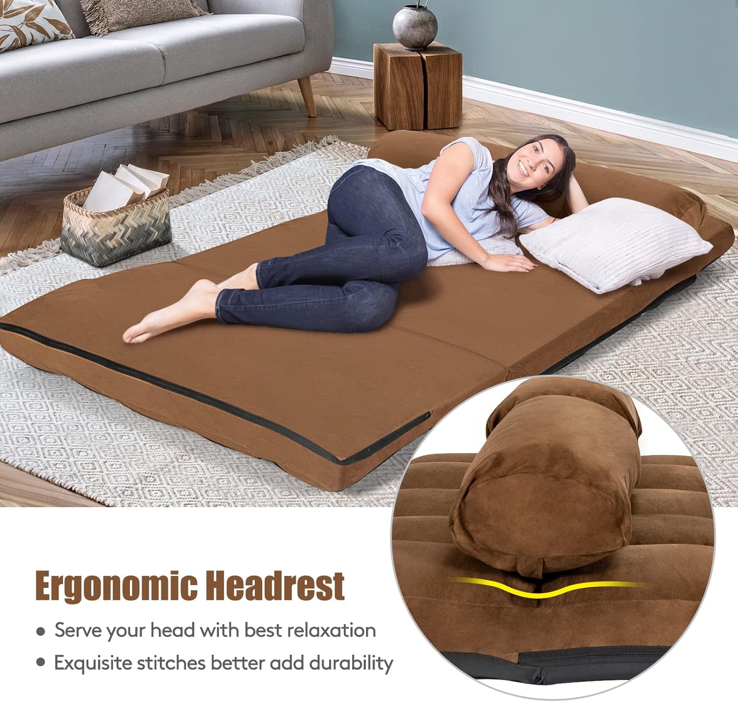 Moccha Folding Floor Sofa Bed, 6-Position Adjustable Lazy Sofa with 2 Pillows, Suede Cloth Cover, Convertible Gaming Sofa Recliner, Modern Chaise Lounge Floor Couch for Living Room, Bedroom, Brown