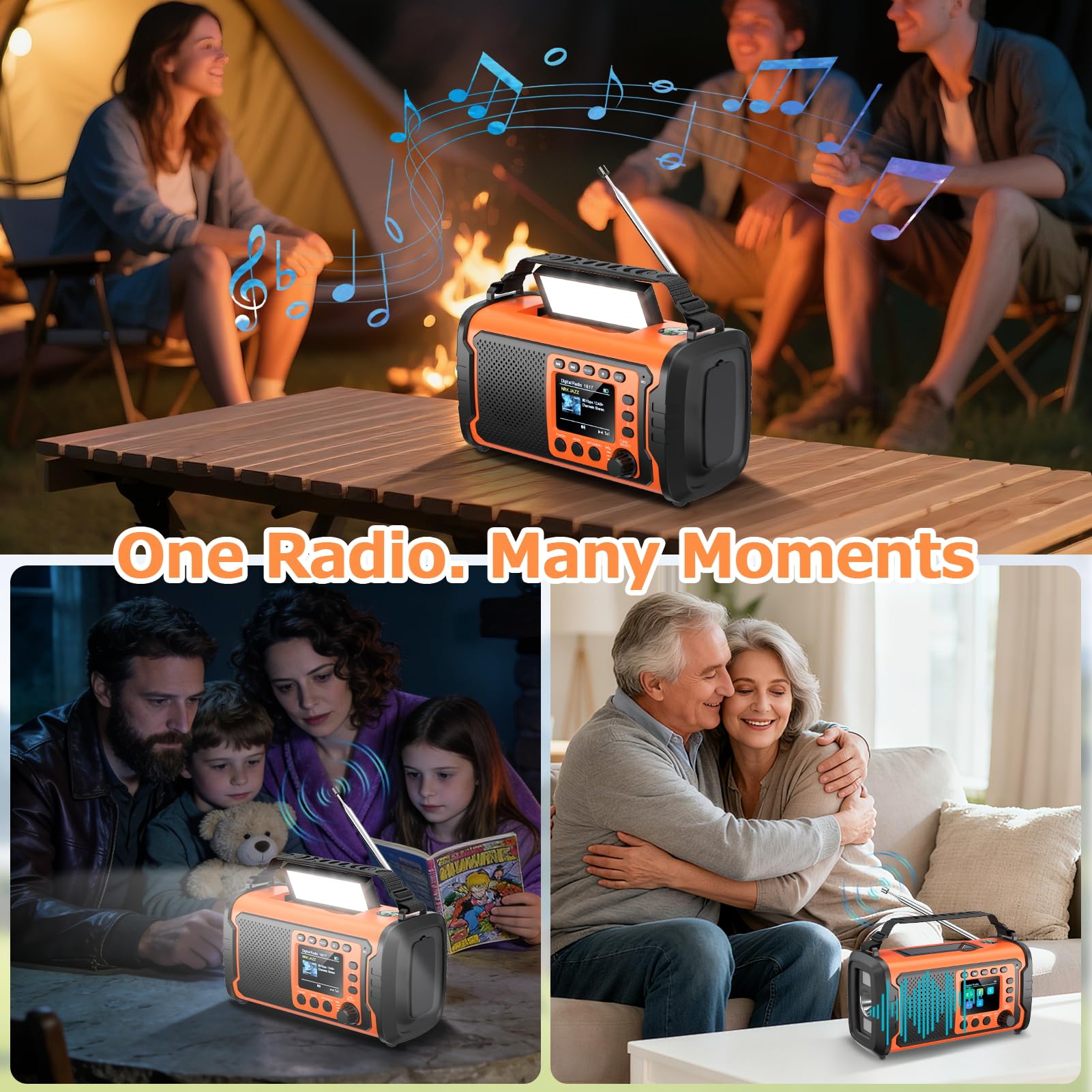 27000mAh DAB/DAB+ Notfallradio mit Kurbel, Solar & USB Laden, Bluetooth 5.3, Powerbank-Funktion, SOS Signal, Heller Taschenlampe, Leselampe, Kompass, TF-Karte und robustem Outdoor-Design, Orange