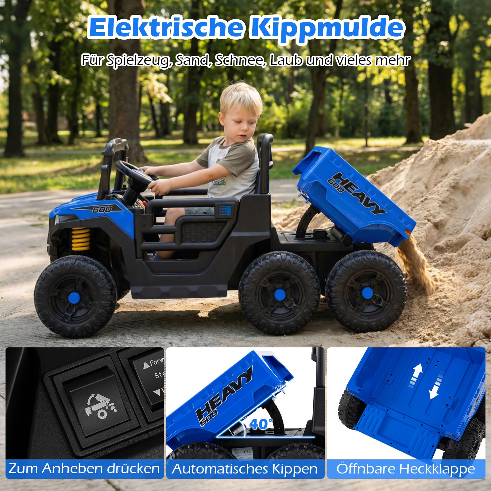 COSTWAY 24V Kinder Elektroauto, Kinderauto mit elektrischer Kippmulde & Fernbedienung, Kinderfahrzeug mit Musik, Geschichten, LED-Lichter & Federung, Elektrofahrzeuge für Kinder ab 3 Jahren (Blau)