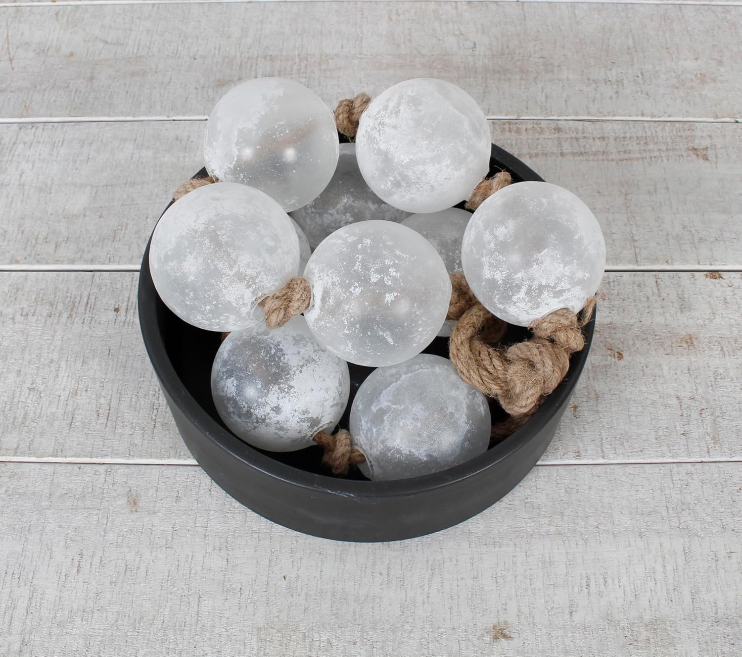 Handcrafted 48 inch Garland with 10 Pieces Sea Glass Balls 3 inch in Diameter, Tabletop, Bowl and Tray Décor White