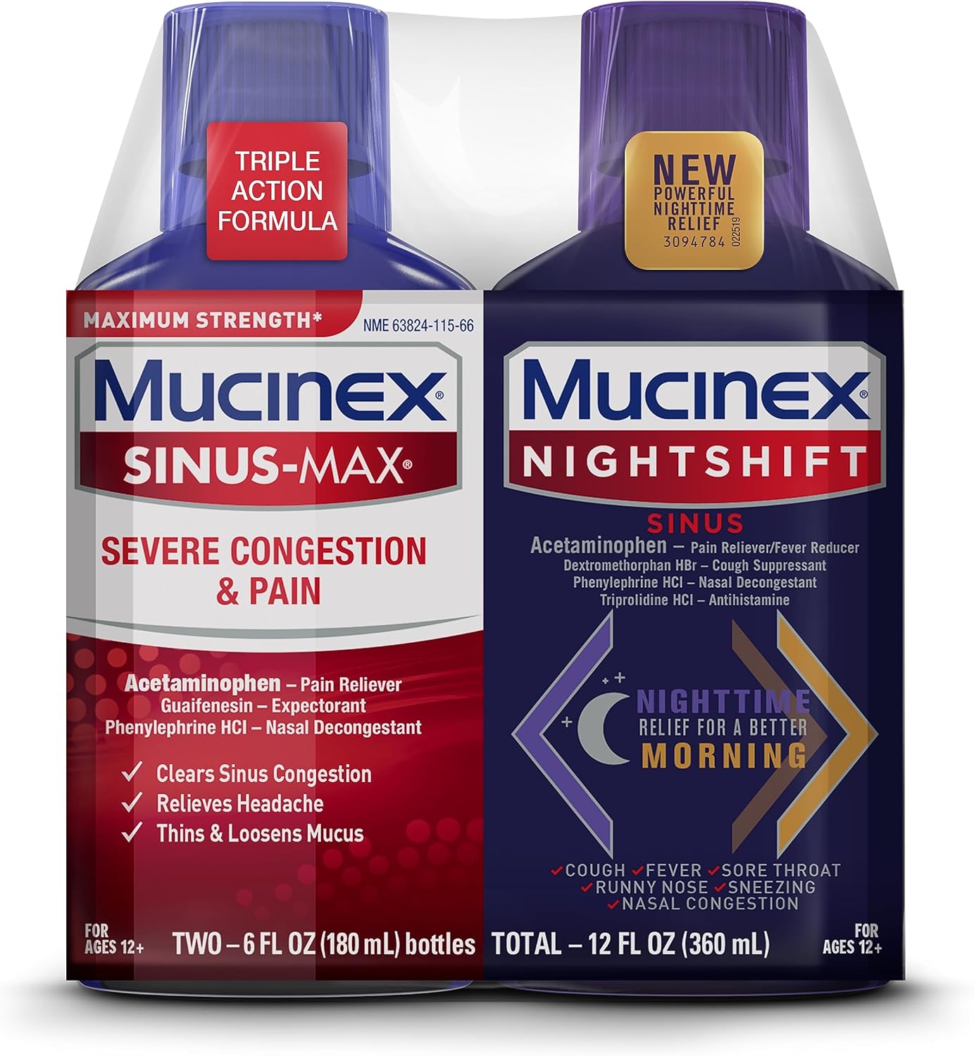 Mucinex Maximum Strength Sinus-Max Severe Congestion & Pain & Nightshift Sinus Liquid, 6 Fl Oz (Pack of 2)