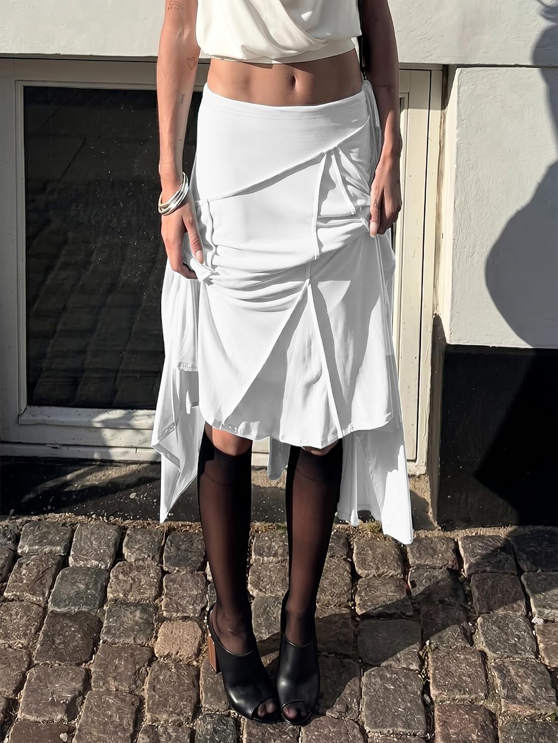 EMMIOL Women's Midi Skirt Flowy Long Skirt Asymmetrical Ruffle Hem High Waisted Summer Beach for Vacation Going Out