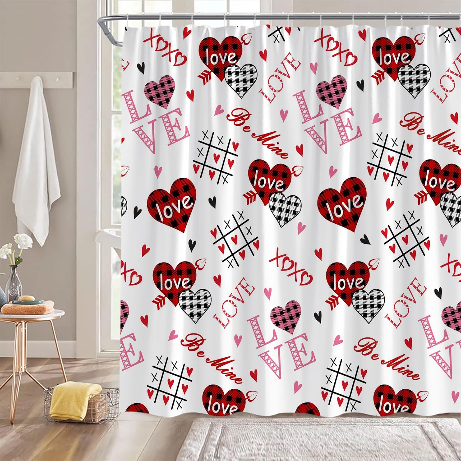 Valentines Extra Long Shower Curtain,Heart Love Checkered Plaid Pink Red Modern Bathroom Home Curtain Decor with Hooks,70x78 Inch