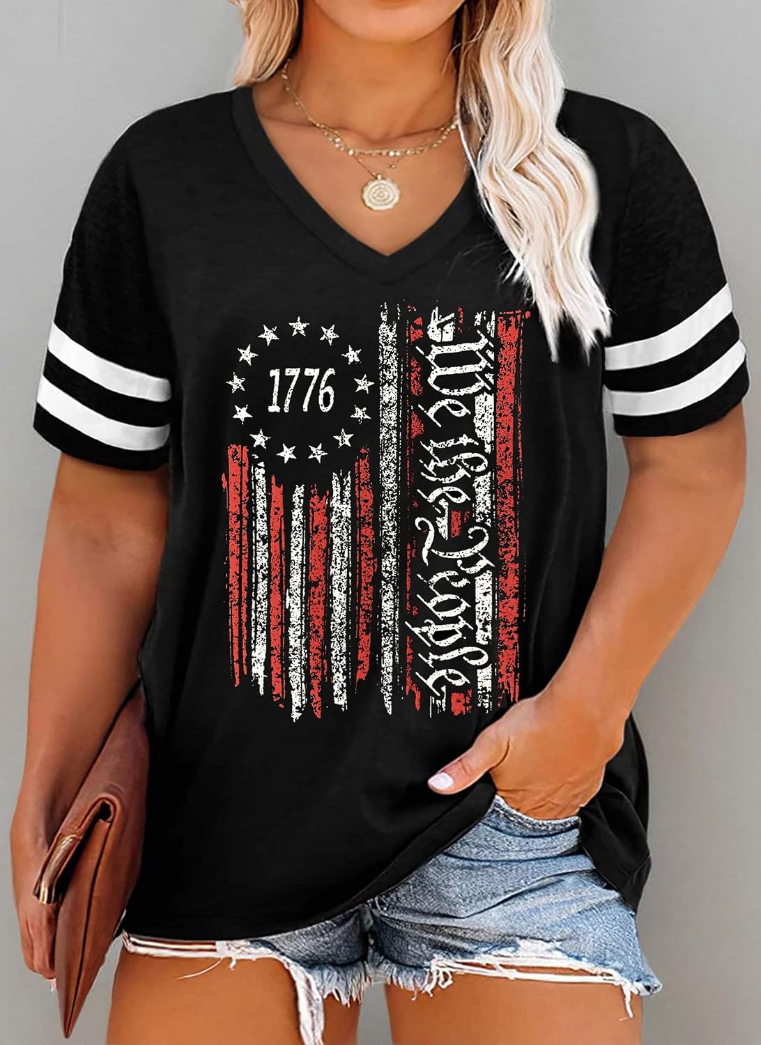 Plus Size Tops American Flag Shirts Womens V Neck Patriotic Tshirt USA Graphic Tee 4th of July T-Shirt