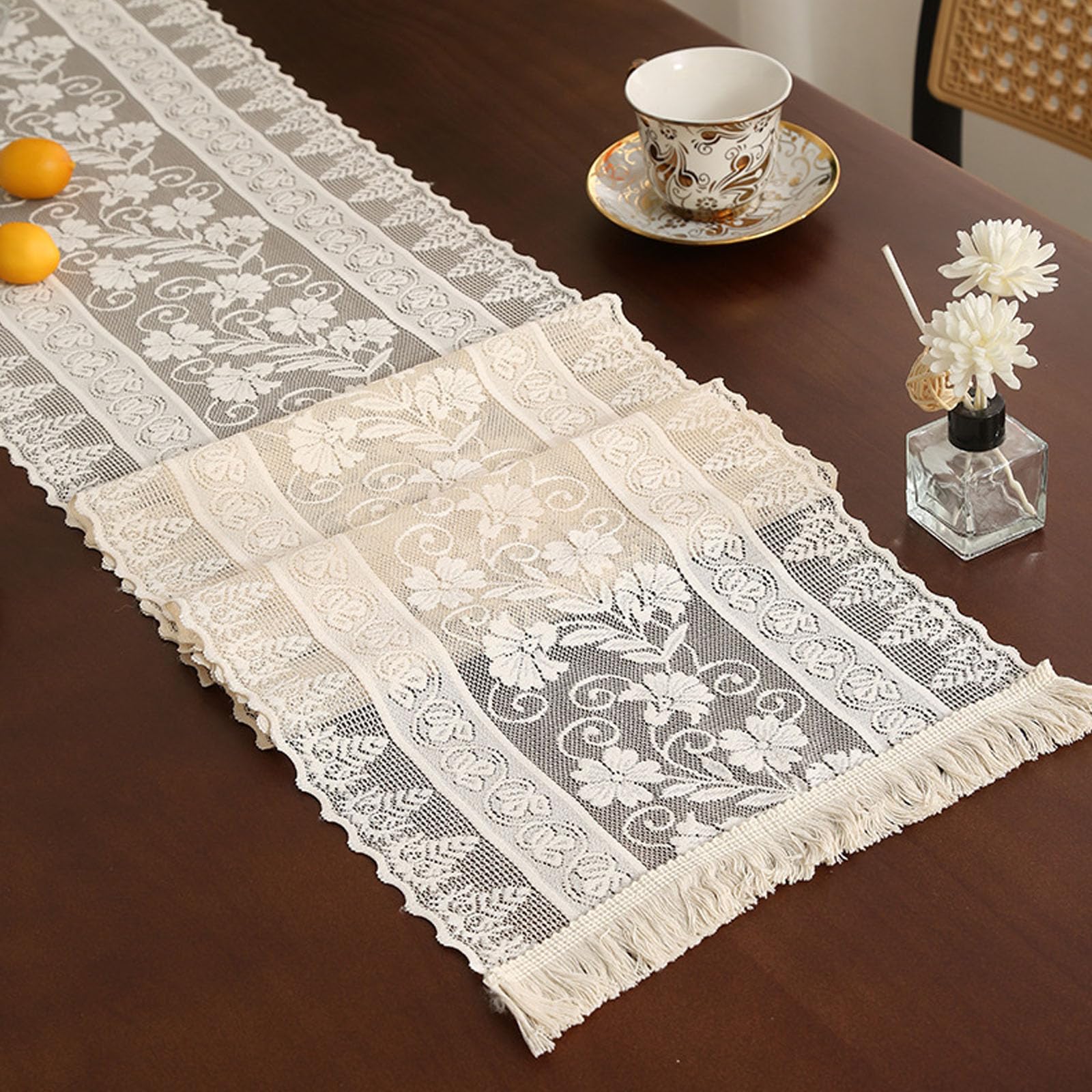 KLUSIET Long Table Runner with Tassels, Macrame Table Runners, Woven Lace Table Runner, Farmhouse Table Runner for Home Dining Table Décor(86.6in,B)