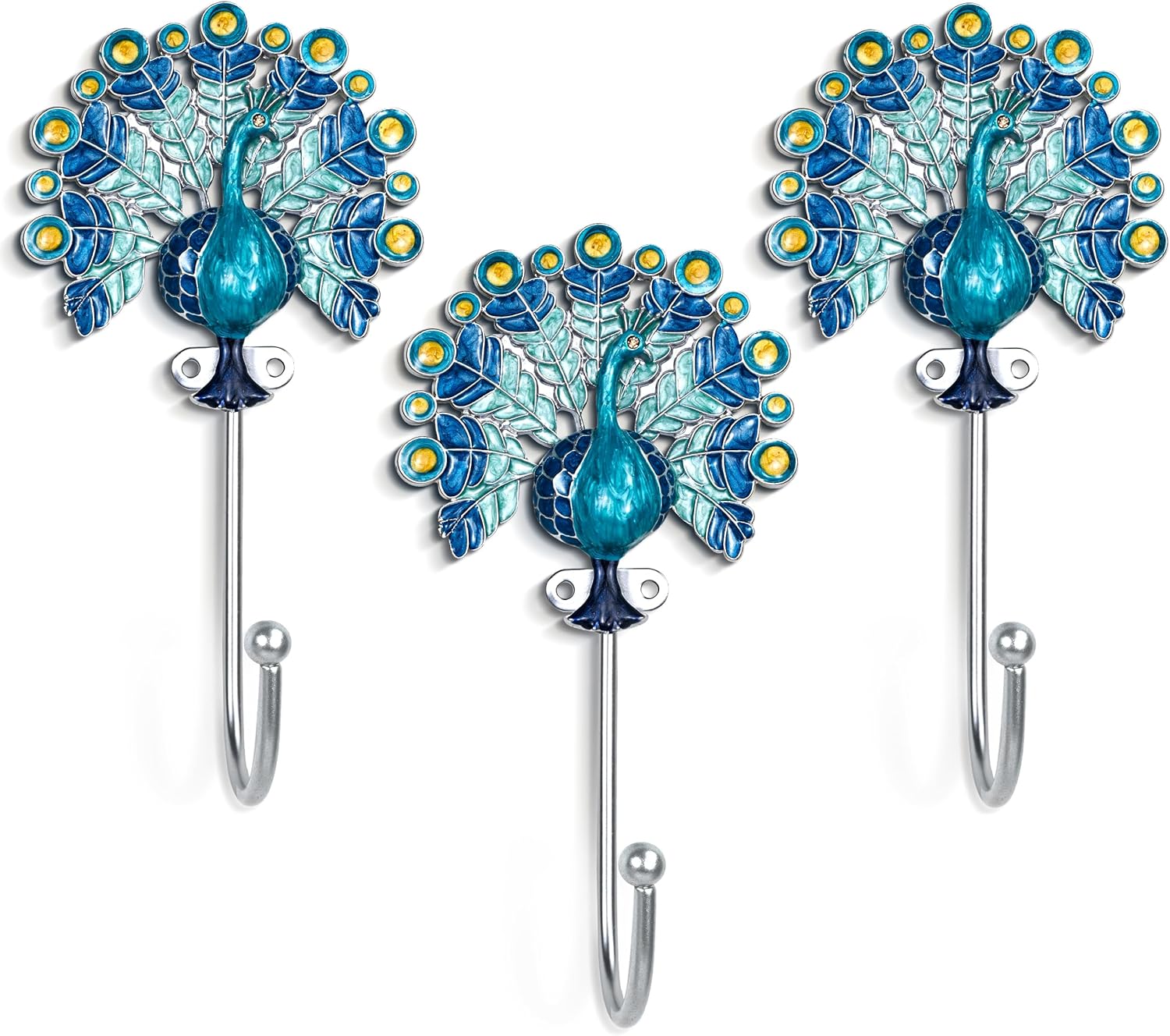 Decorative Metal Hanging Hooks, 3-Pack – Toucan, Peacock, Butterfly and Blossom Design | Wall Hooks for Indoors & Outdoors (Peacock Blue)