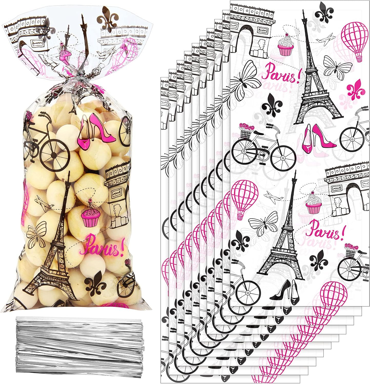 100 Pieces Paris Cellophane Treat Bags, Clear Plastic Pink Eiffel Tower Candy Goodie Bags with 100 Silver Twist Ties for Day in Paris Party Supplies