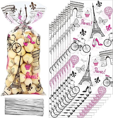 100 bolsas de celofán de París de plástico transparente con 100 lazos de color rosa para el día en París
