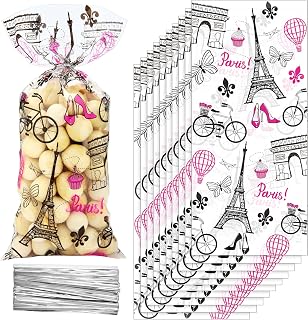 100 Pieces Paris Cellophane Treat Bags, Clear Plastic Pink Eiffel Tower Candy Goodie Bags with 100 Silver Twist Ties for Day in Paris Party Supplies
