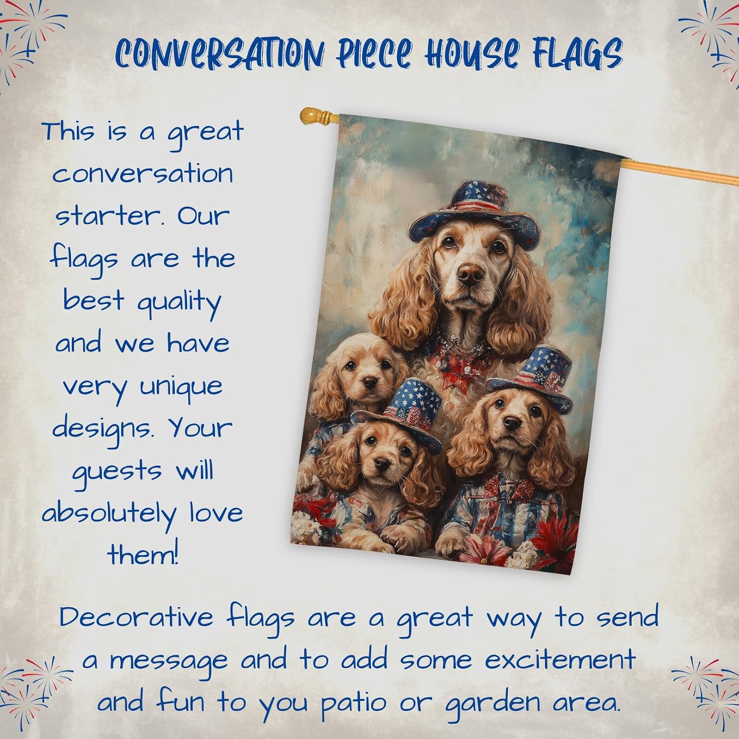 Cocker Spaniel Dog 4th of July Outfit House Flag – Personalized Double Sided Patriotic Yard Decor with Cute Dogs Family Flowers Outdoor Decoration for Lawn, Garden, Porch or Patio 28"W x 40"H