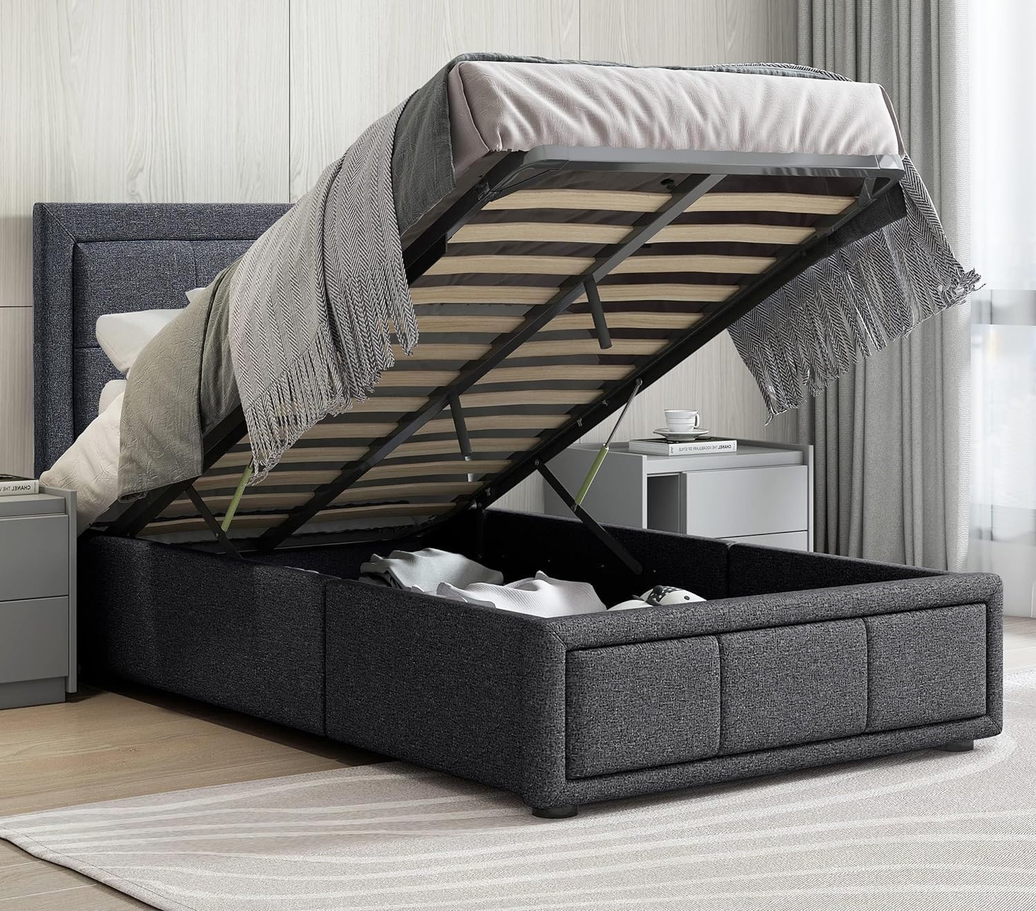 Upholstered Ottoman Bed, Single Bed Frame UKFR Linen Fabric Dark Grey