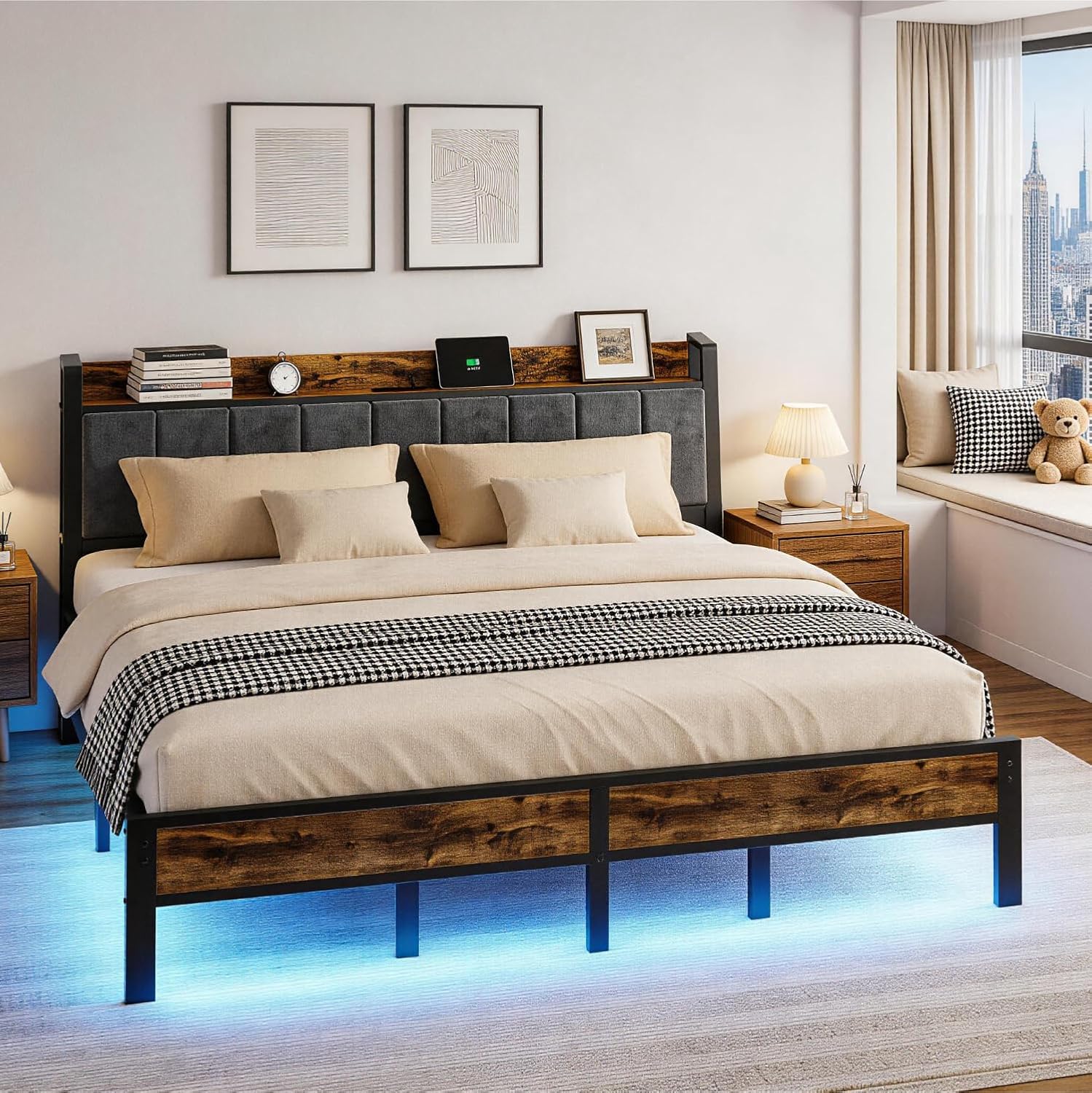 King Size Bed Frame with Charging Station, Storage Headboard with Smart LED Lights, Metal Platform Bed Frame with USB Ports, Noise Free, No Box Spring Needed, Easy Assembly