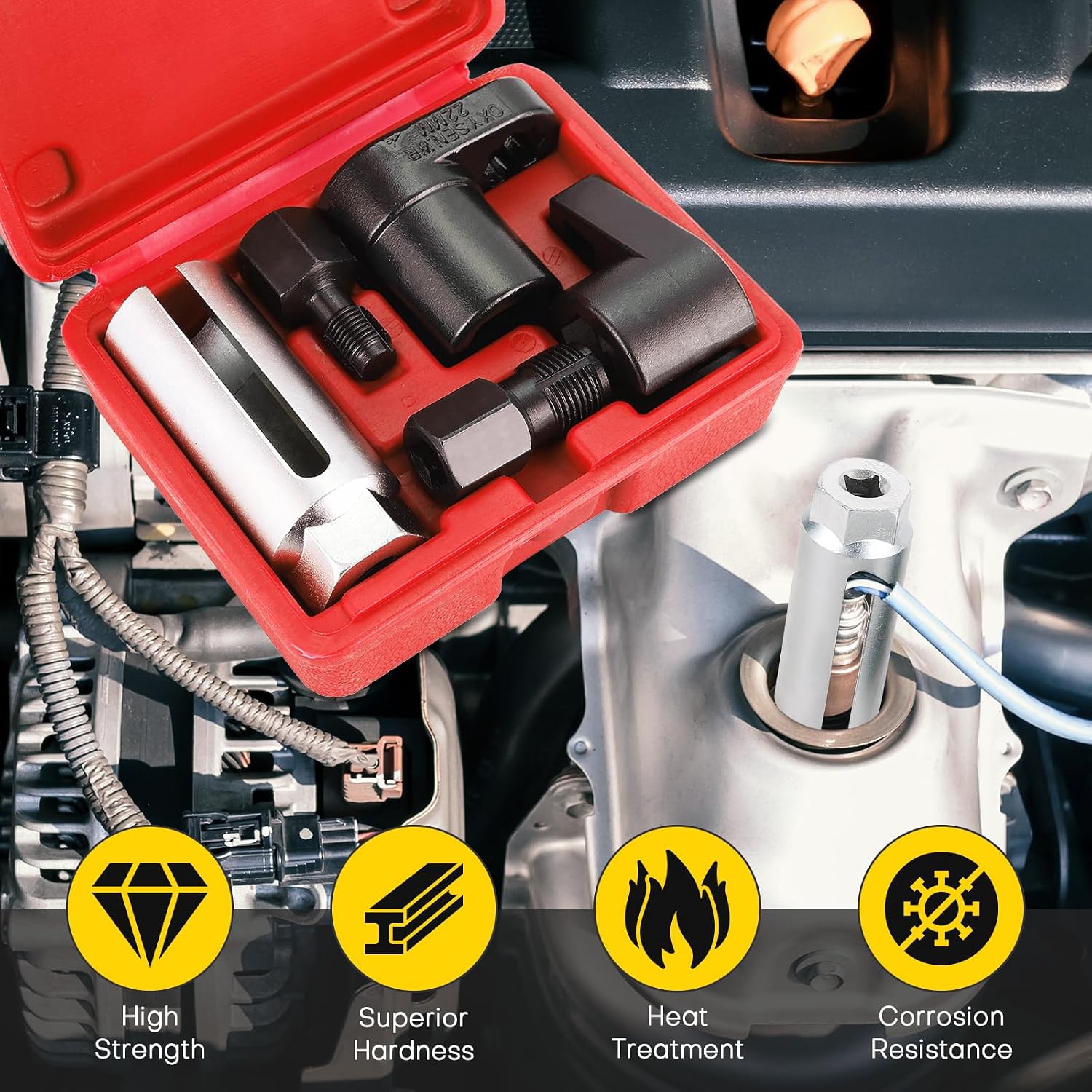 5PCS O2 Sensor Removal & Thread Chaser Tool Set | O2 Sensor Socket Set for Automotive Oxygen Sensors, Oxygen Sensor Socket Set, 22mm Offset Wrench with 3/8" & 1/2" Drives (Red)