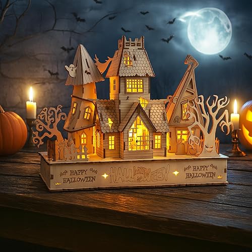Rompecabezas de madera 3D de casa embrujada de Halloween, rompecabezas creativo de madera que brilla en la oscuridad, kit de construcción de modelos